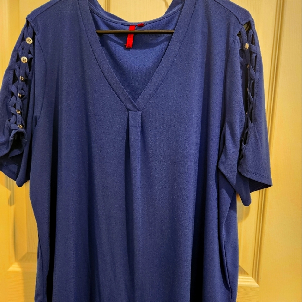 Women's Elegant Blue V-Neck Blouse with Button Accents